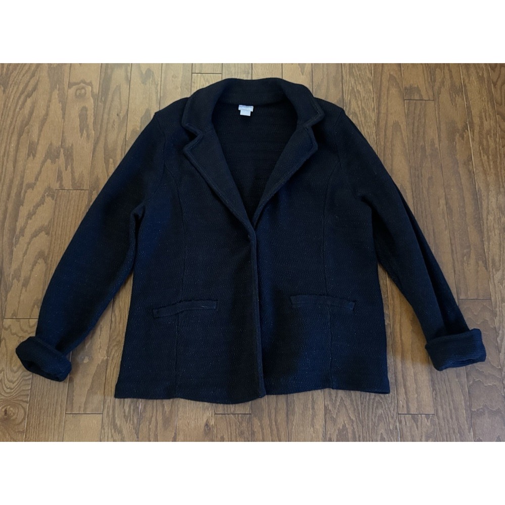 Chico's Black Textured Knit Blazer Jacket Size 3 (XL) Subtle Sparkle Chic
